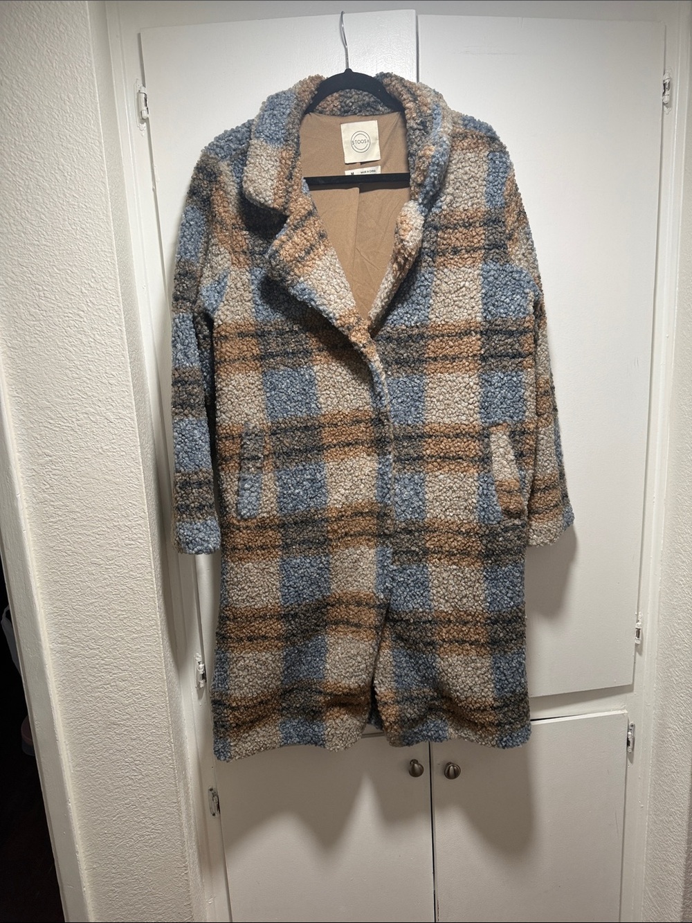 Stoosh Plaid Teddy Coat in Blue and Brown